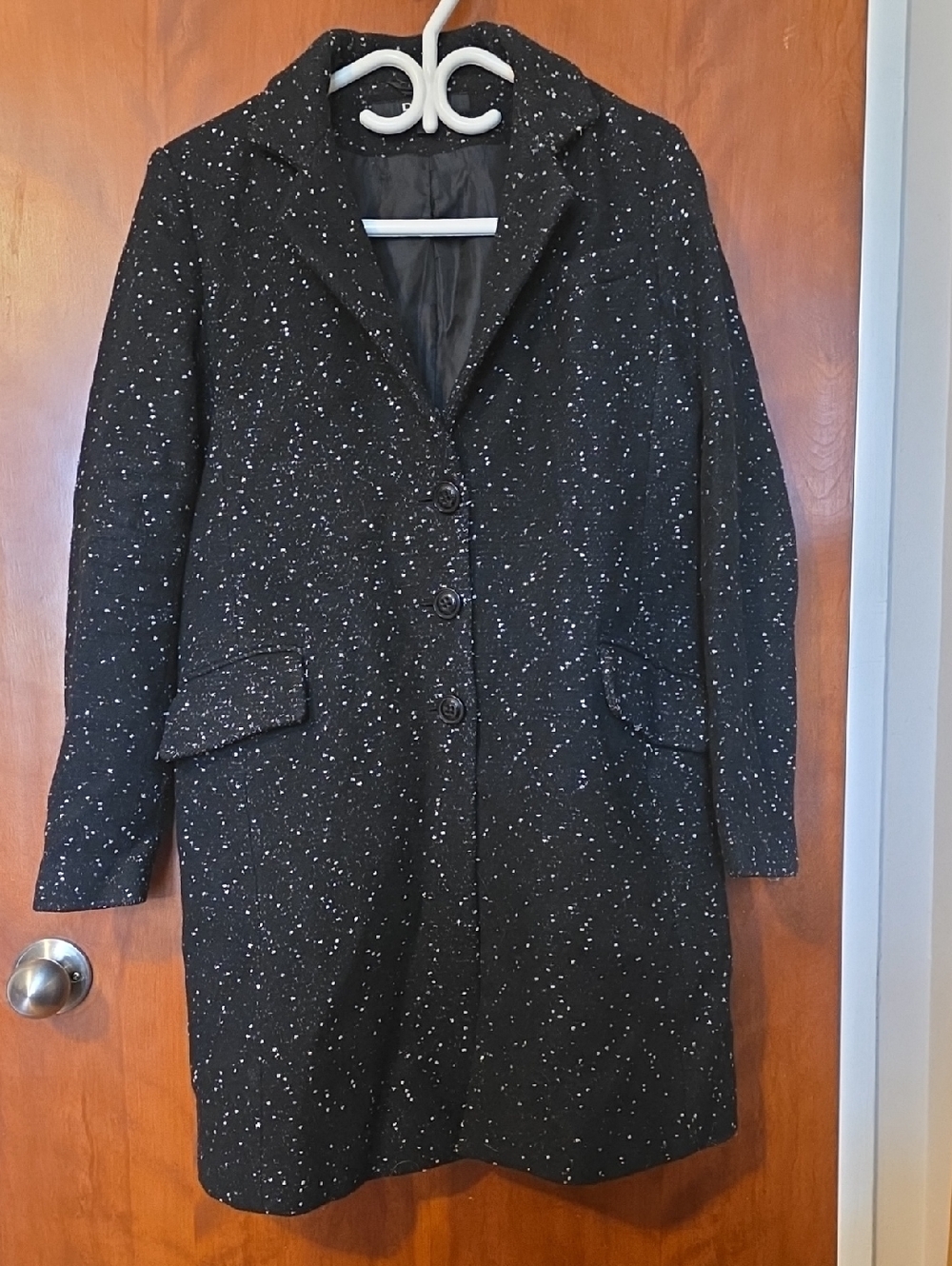 DKNY Black Speckled Wool-Blend Pea Coat